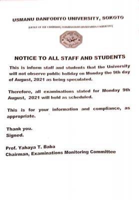 UDUSOK notice to staff and students on alleged public holiday on August 9th