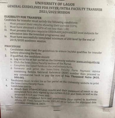 UNILAG inter/intra faculty transfer guidelines 2021/2022