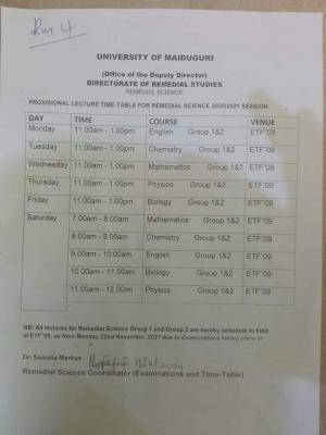 UNIMAID Remedial Science lectures timetable, 2020/2021