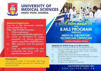 UNIMED announces B.MLS admission form 2021/2022