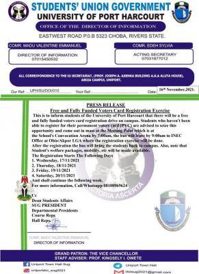 UNIPORT SUG notice to students on free Voter's Card Registration