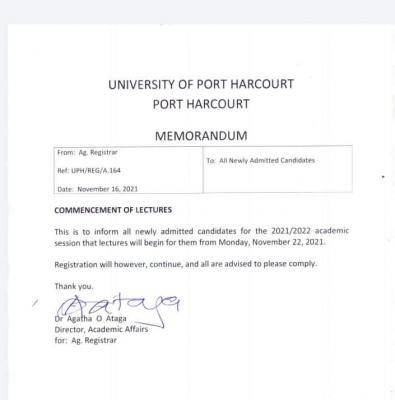 UNIPORT notice to newly admitted students, 2021/2022 on commencement of lectures