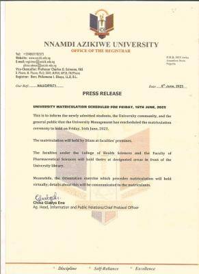 UNIZIK reschedules Matriculation Ceremony