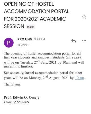 UNN notice on opening hostel for newly admitted students for 2020/2021 session