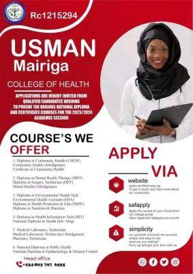 Usman Mairiga College Of Health Technology releases admission form, 2023/2024 session