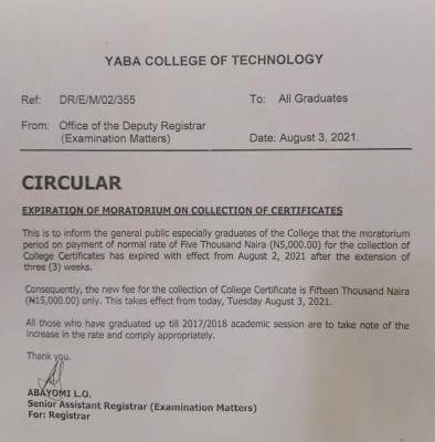 YABATECH increases fee for collection of certificates