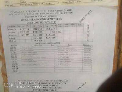 Zamfara State College of Education 2nd semester lecture timetable for 2020/2021 session