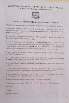 Zamfara State University registration procedure for newly admitted students, 2020/2021
